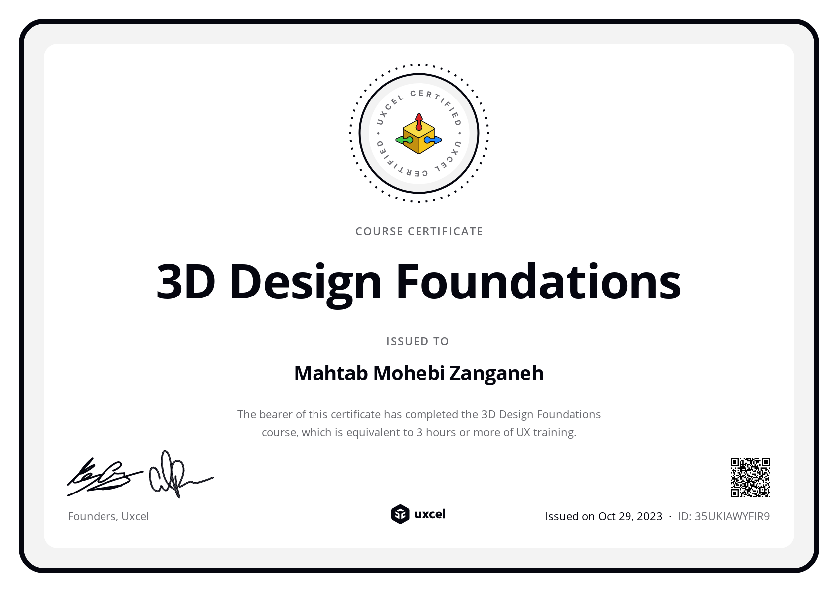 Mahtab Mohebi Zanganeh's certificate